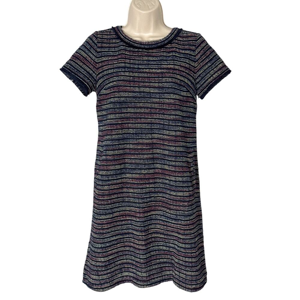 LOFT Navy Blue Multi Color Boucle Rainbow‎ Fringe Shift Dress Size 0